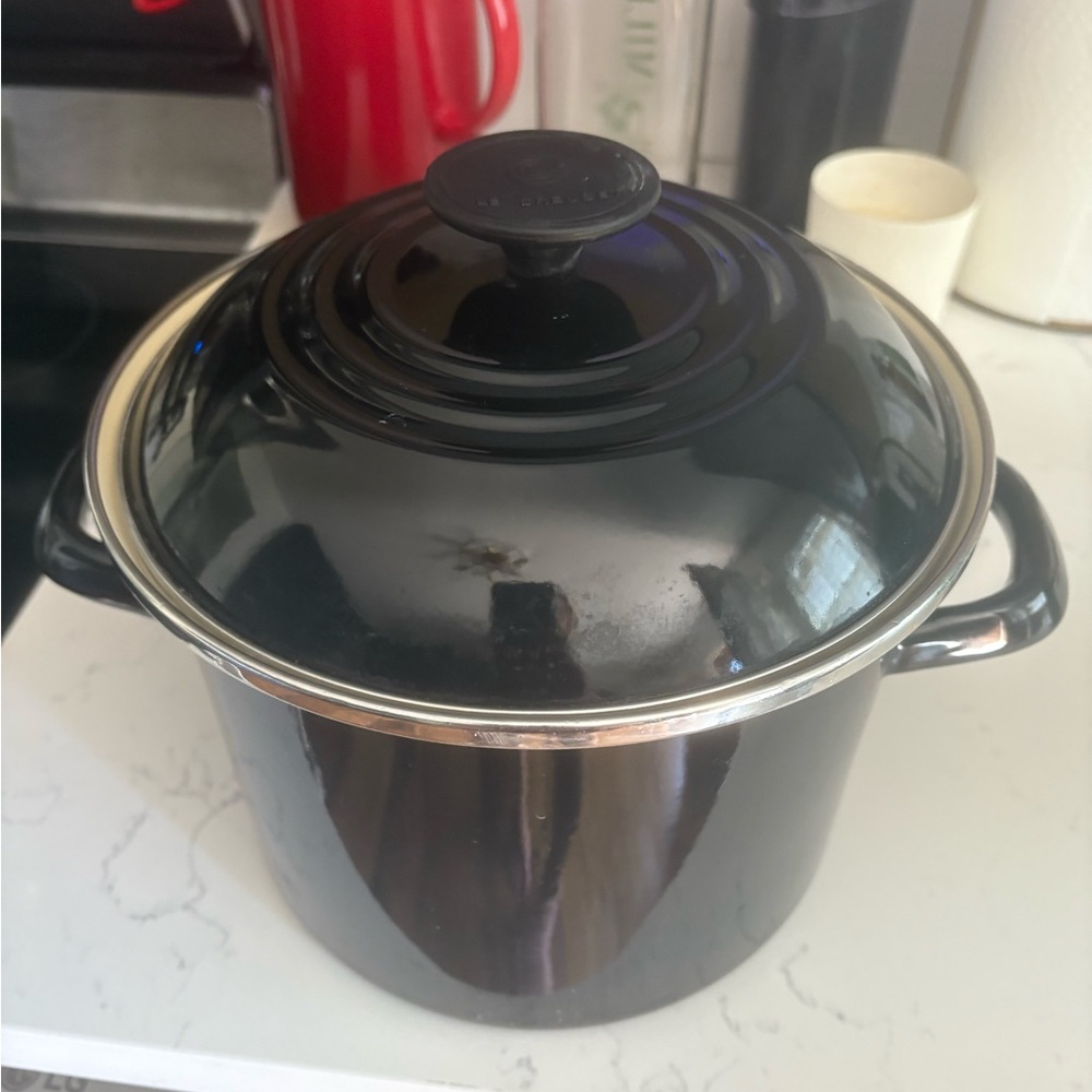Vintage LeCreuset steel stockpot. Black. Minor wear as pictured.